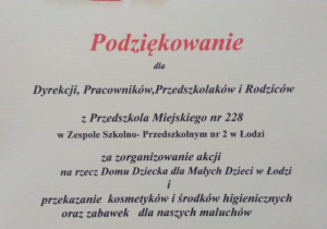 Dyplom z podziękowaniami dla Przedszkola