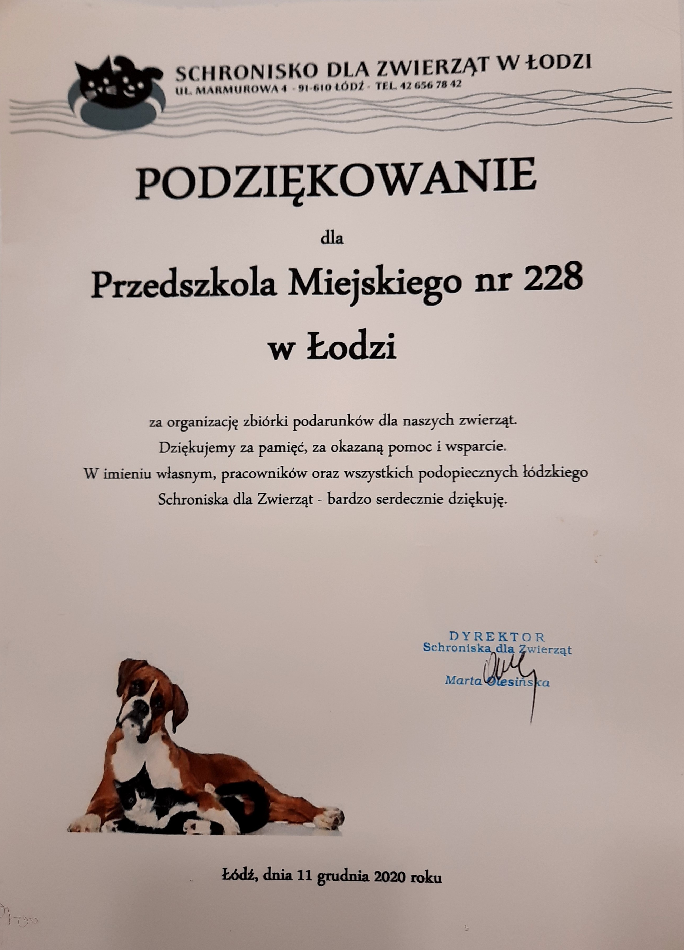 Dyplom z podziękowaniem dla Przedszkola nr 228 za zaangażowanie i pomoc dla Schroniska dla zwierząt