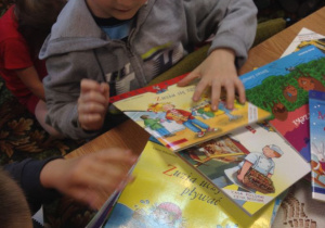 Chłopiec wybiera książkę do oglądania, książki leżą na stole