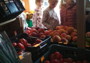 Dziewczynki stoją przed skrzynkami z warzywami i owocami